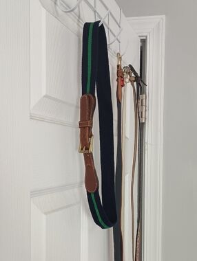 Dooney & Bourke Navy Webbing Belt with Green Stripe and Brown Leather Trim
